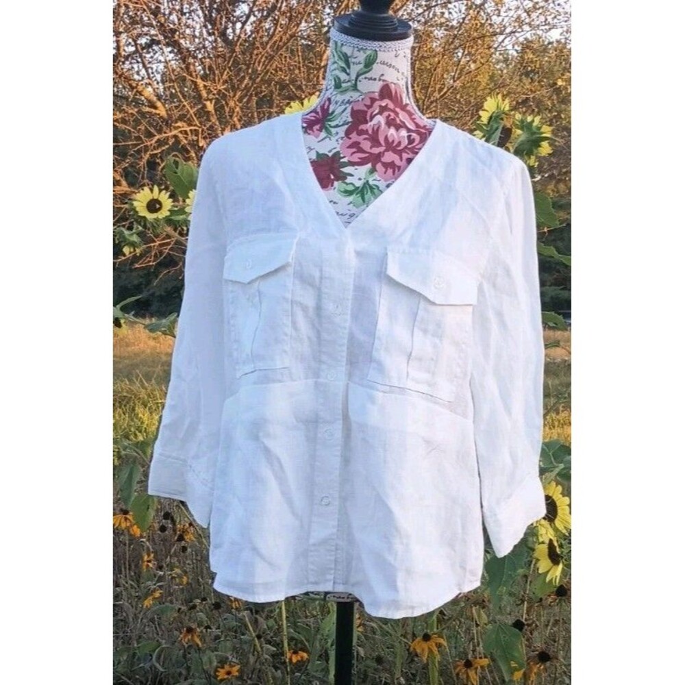Orvis White Linen Medium Women's Shirt 2 Pocket Button Up Coastal Cowgirl